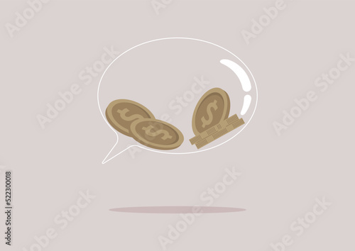 Money talks, a cartoon speech bubble filled with metal dollar coins