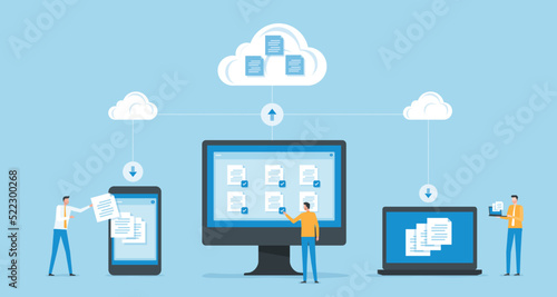 flat vector business technology document management system storage backup concept and cloud server service with administrator and developer team working concept