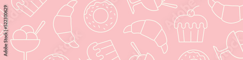 banner with sweet's pattern, cup of ice cream, croissant, muffin and donat icon - vector illustration