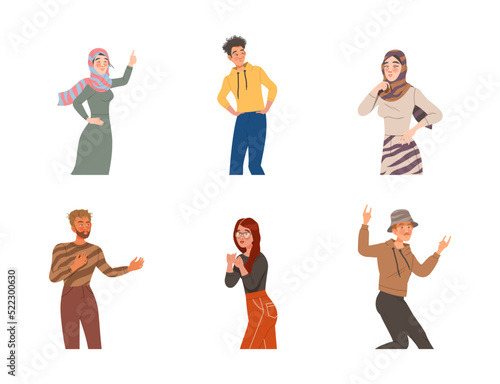 Young Man and Woman Posing for Selfie Smiling for the Camera and Showing Gesture Vector Set