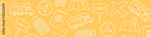 travel, vacation banner with airplane, map with pointer, campervan, passport, sign boards, suitcase and compass pattern - vector illustration