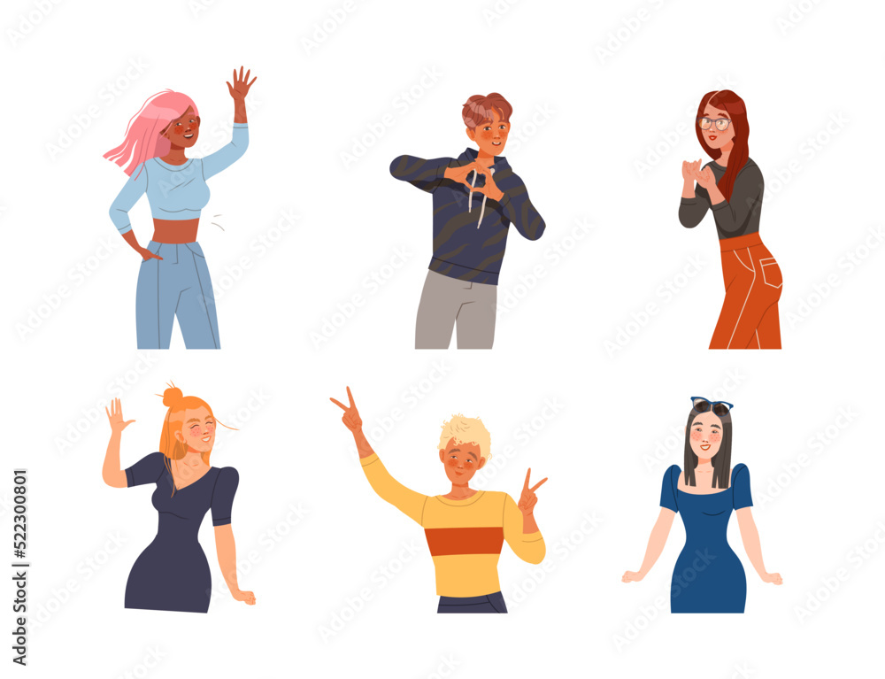 Young Man and Woman Posing for Selfie Smiling for the Camera and Showing Gesture Vector Set Young Man and Woman Posing for Selfie Smiling for the Camera and Showing Gesture Vector Set