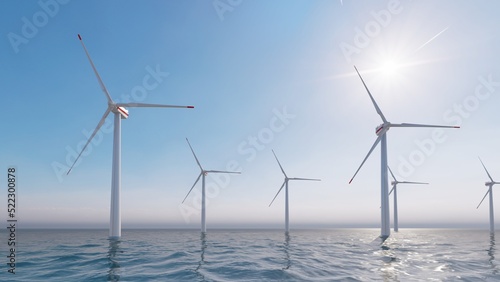 4K ULTRA HD. Offshore wind turbines farm on the ocean. Sustainable energy production, clean power. 3D Rendering.