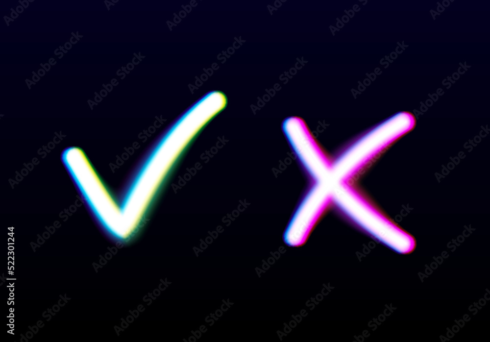 Neon glowing yes and no checkmarks. Shiny check and cross signs. Vote approve and reject glowing icons. X and V emblems. Neon glowing yes and no checkmarks. Shiny check and cross signs. Vote approve and reject glowing icons. X and V emblems.