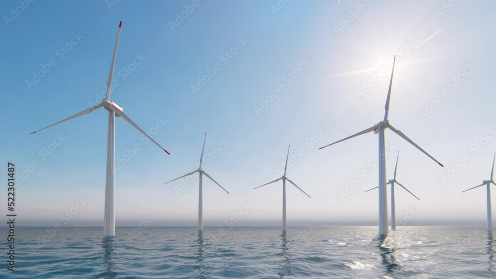 4K ULTRA HD. Offshore wind turbines farm on the ocean. Sustainable energy production, clean power. 3D Animation.
4K ULTRA HD. Offshore wind turbines farm on the ocean. Sustainable energy production, clean power. 3D Animation.