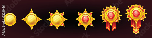 Game badge medal set, red ribbon, winner gift star, UI level up frame icon, golden ranking award. Coni achievement asset kit, victory trophy emblem, casino bonus symbol. Quality game badge collection