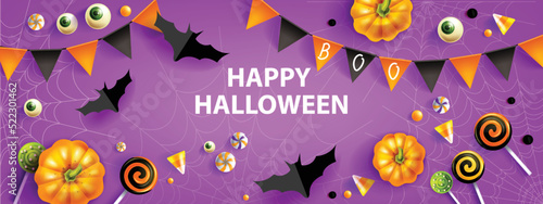 Halloween discount banner, autumn holiday season background, funny candy lollipop garland, spiderweb. Vector purple promotion poster, pumpkin, spooky sweets, cute scary eye. Halloween banner flyer