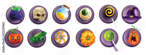 Halloween sticker object set, vector UI magic creepy icon, holiday game badge, witch cauldron, hat. Evil spooky gift, cartoon scary pumpkin, lollypop sweets, witchcraft kit. Halloween sticker assets