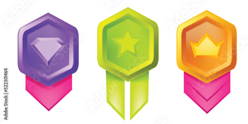 Game badge 3D icon set, level up medal award certificate, victory award UI shield, rating button. Experience achievement prize, trophy reward bonus emblem, vector gift label. Game badge collection photo