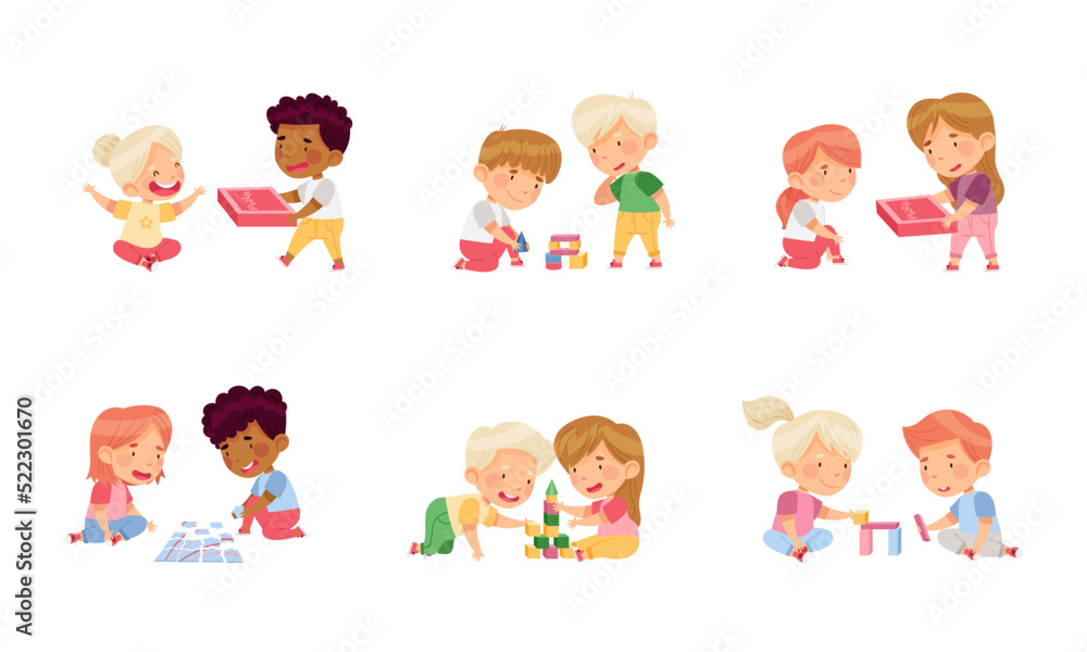 Children Playing Toy Blocks and Jigsaw Puzzle Sitting on the Floor in Nursery Vector Set Children Playing Toy Blocks and Jigsaw Puzzle Sitting on the Floor in Nursery Vector Set