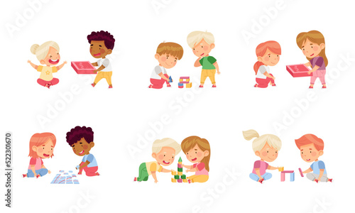 Children Playing Toy Blocks and Jigsaw Puzzle Sitting on the Floor in Nursery Vector Set