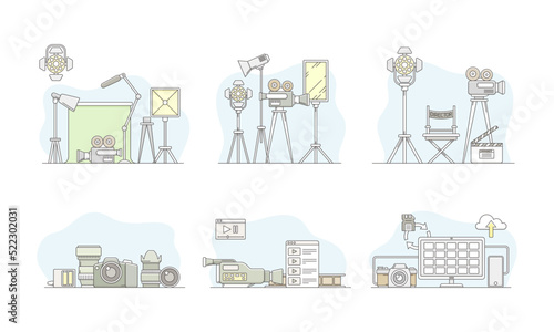 Photo and Video Content Footage Production in Filmmaking with Movie Camera and Motion Picture Record Line Vector Set