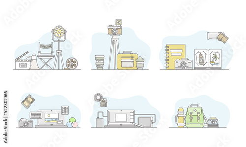 Photo and Video Content Footage Production in Filmmaking with Camera, Director Chair and Picture Record Line Vector Set