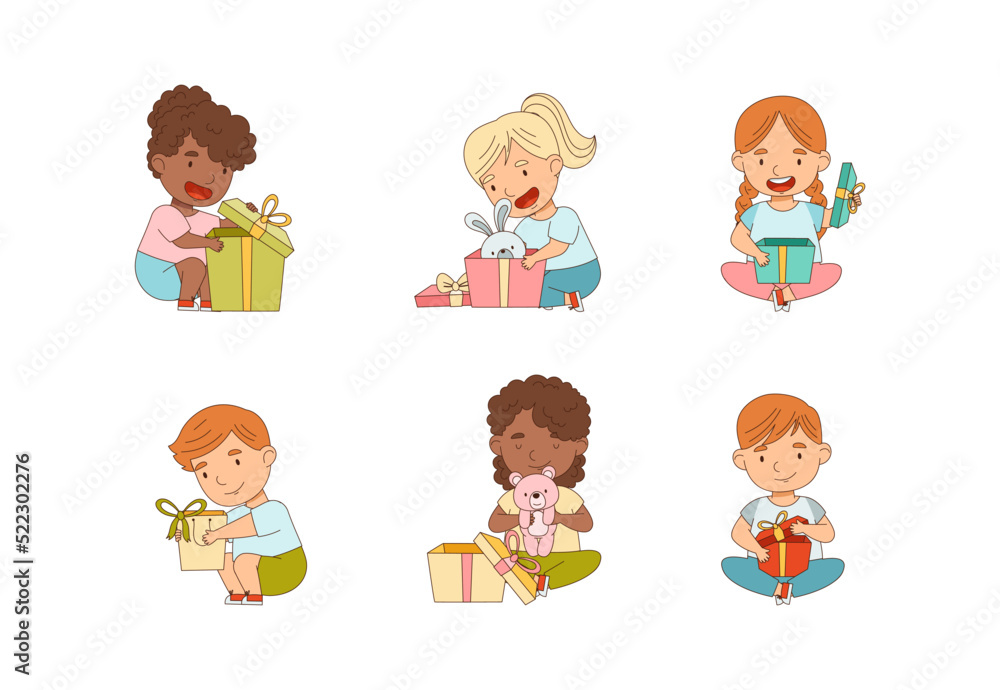 Excited Little Children Opening Gift Box Rejoicing at Present Vector Set