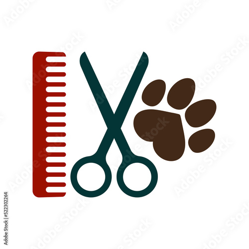 Dog grooming logo. Dog paw print. Comb and scissors. 