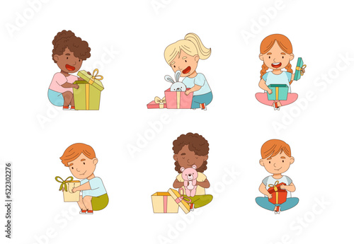 Wallpaper Mural Excited Little Children Opening Gift Box Rejoicing at Present Vector Set Torontodigital.ca