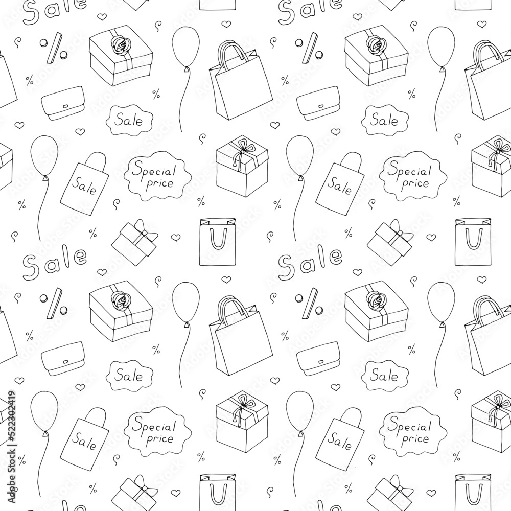 Sale and shopping pattern vector illustration, hand drawing doodles