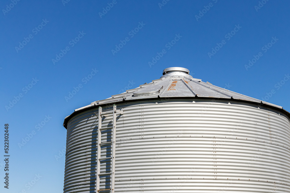 Grain bin storage system on farm. Agriculture and farming equipment