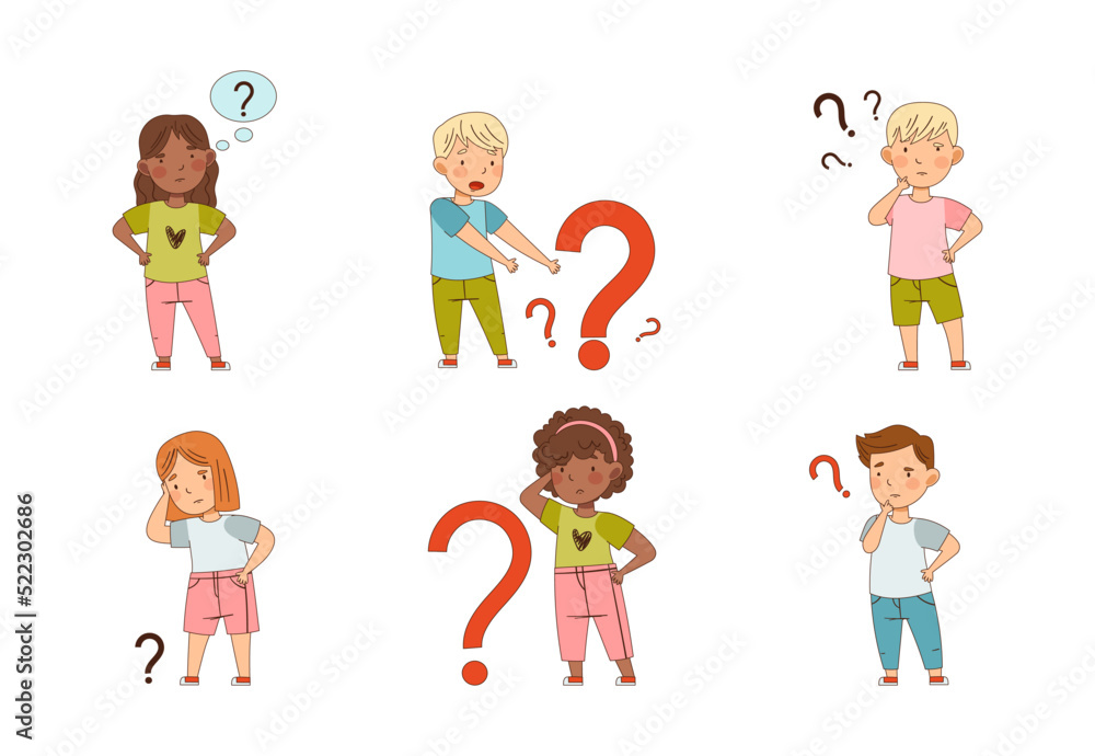 Puzzled Little Kids with Question Scratching Their Heads Wondering Vector Set Puzzled Little Kids with Question Scratching Their Heads Wondering Vector Set