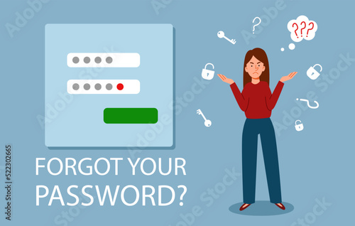 The woman forgot her personal data. the concept of a web screensaver with a forgotten password, account protection, danger warning, incorrect password. Vector illustration in a flat style.