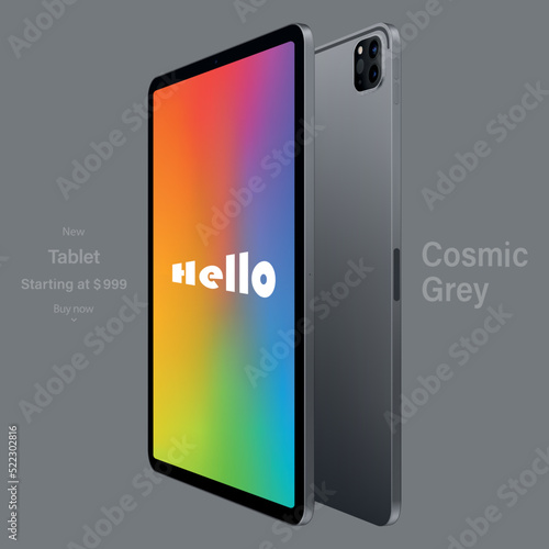 tablet grey color with colored touch screen saver and backside view isolated on gray background. mockup of realistic and detailed device. vector 3d isometric illustration