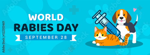 World Rabies Day greeting card banner vector design. Cute cartoon Beagle dog and orange tabby cat