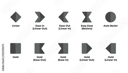 Keyframe Icons set. Linear key frames, bezier and hold keyframes symbols for motion graphic and animation
