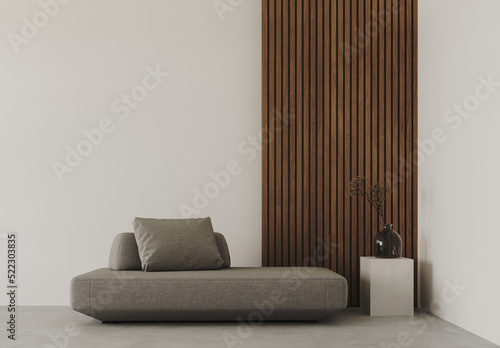 Fototapeta Naklejka Na Ścianę i Meble -  3d rendering of modern living room with white sofa and coffee table, decorative wall with embossed panel, carpet on concret floor, decor	