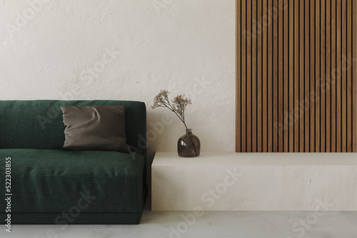 Fototapeta Naklejka Na Ścianę i Meble -  Minimalist living room closeup, green sofa. Interior with decor embossed wall,decorative wall with embossed panels, decoration. 3d render