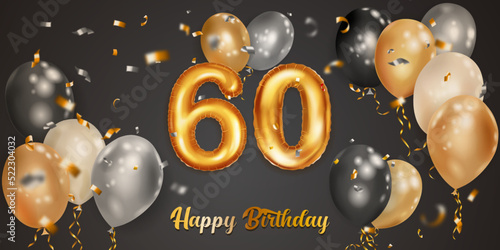 Festive birthday illustration with white, black and gold helium balloons, big number 60 golden foil balloon, flying shiny pieces of serpentine and inscription Happy Birthday on dark background