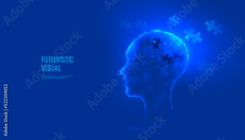 Mental health in digital futuristic style. Puzzle in the form of a human head, a concept for psychology or memory diseases. Vector illustration on dark night background with light neon effect