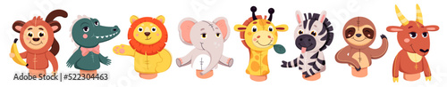 Puppet theater dolls set vector illustration. Cartoon cute isolated forest and farm animals for kids performance show on theatre stage, marionette characters for educational story in kindergarten