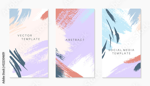 Set of editable insta story templates with copy space for text.Ig smm vector layouts with hand drawn brush strokes and textures.Trendy design for social media marketing,digital post,prints,banners.