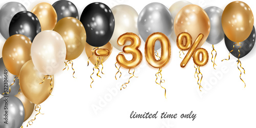 Discount creative illustration with white, black and gold helium flying balloons and golden foil numbers. 30 percent off. Sale poster with special offer on white background