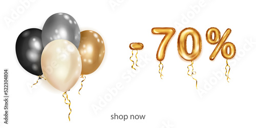 Discount creative illustration with white, black and gold helium flying balloons and golden foil numbers. 70 percent off. Sale poster with special offer on white background