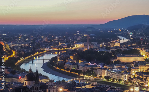 Aerial view of Salzburg at night