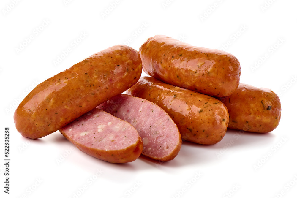 Smoked bratwurst sausages, isolated on white background. Smoked bratwurst sausages, isolated on white background.
