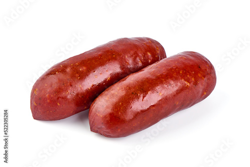 Smoked traditional german sausages, isolated on white background.