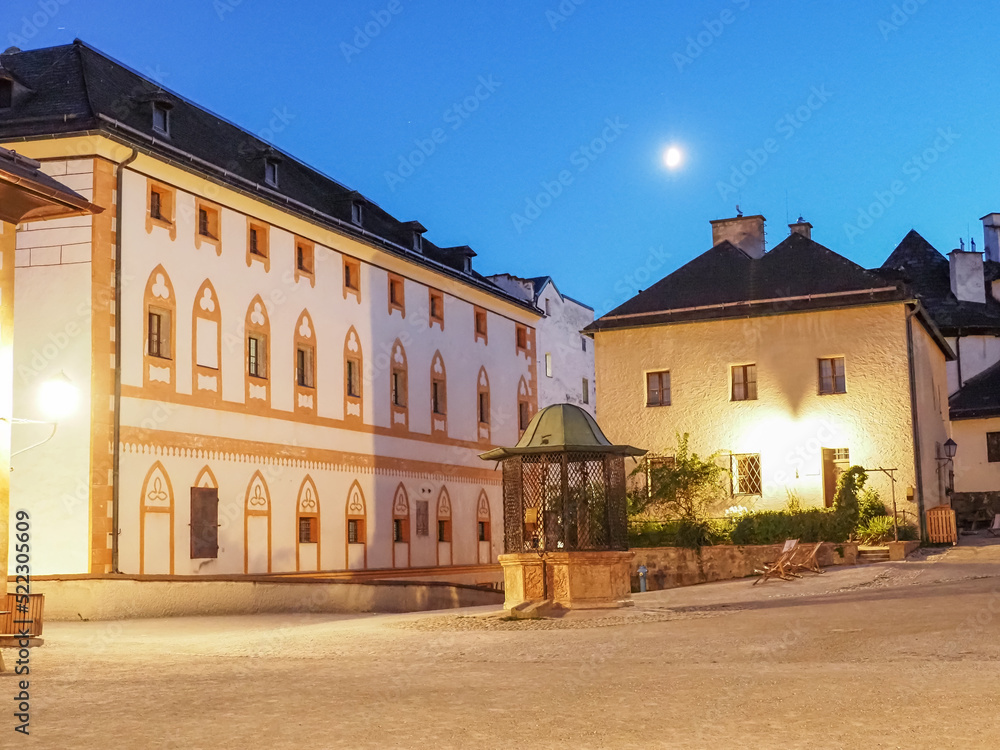 In the courtyard of the Hohensalzburg fortress at night.