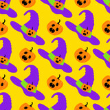 Halloween seamless pattern with scary cute pumpkins in witch hats on yellow background. Cartoon style horror vector illustration.