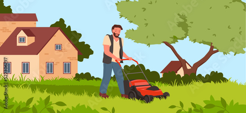 Man with mower cutting garden lawn. Gardening activity, farming outdoor, grass cutting service, gardener work, running a lawn mower, hand propelled machine vector illustration