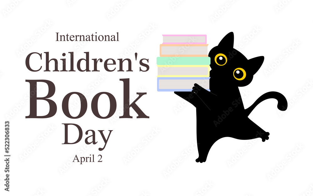 International Children's Book Day. 2 April. Black cute cat holds books in its paws. 