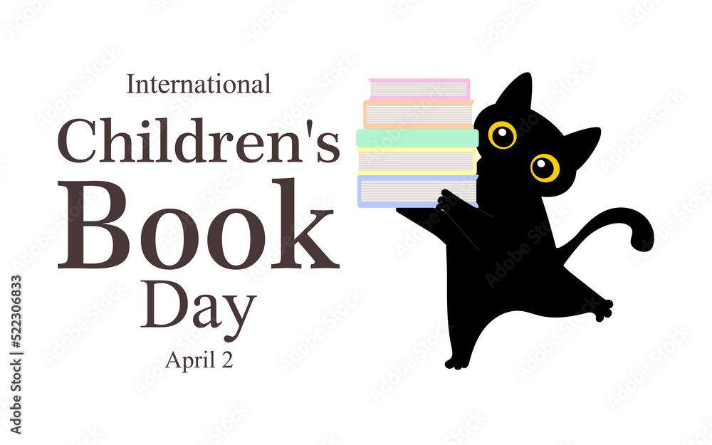 Naklejka premium International Children's Book Day. 2 April. Black cute cat holds books in its paws. 