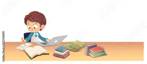 Kid studying with the computer and books