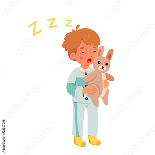 Sleepy boy with bunny at bedtime vector illustration. Cartoon isolated cute kid in blue pajamas holding toy to sleep togerther, little child sleeping at night time and sleepwalking with closed eyes