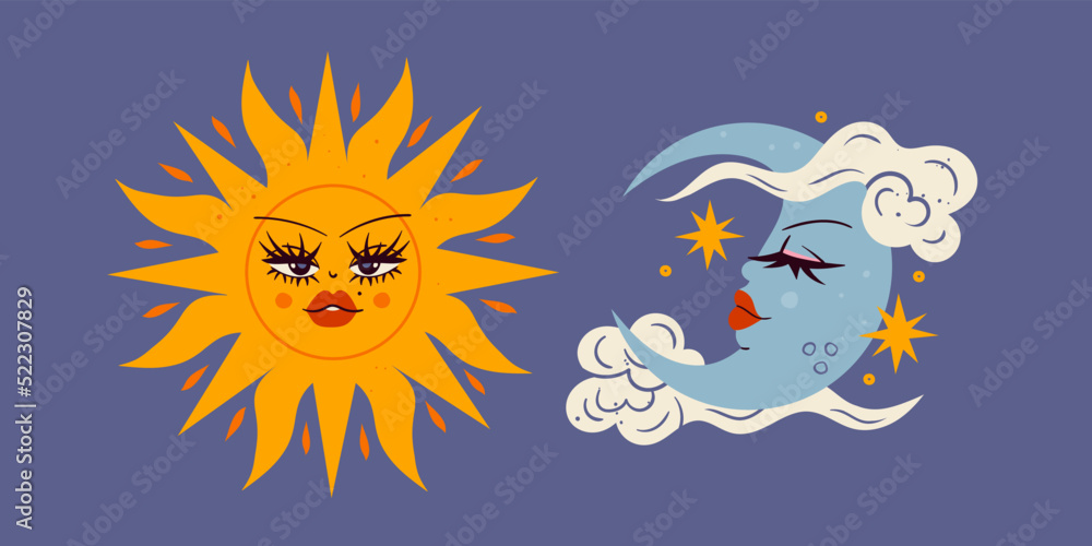Hand drawn Sun and crescent Moon with faces. Design elements, logo templates, stickers. Trendy Vector isolated illustration. Celestial drawings for the zodiac, tarot, astrology. Day and night concept