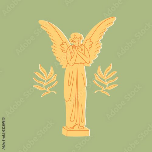 Marble golden Statue. Sculpture with wings. Antique statue of angel. Hand drawn modern Vector illustration. Cartoon style. Isolated on green background
