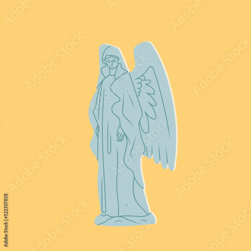 Marble blue Statue. Sculpture with wings. Antique statue of angel. Hand drawn modern Vector illustration. Cartoon style. Isolated on yellow background
