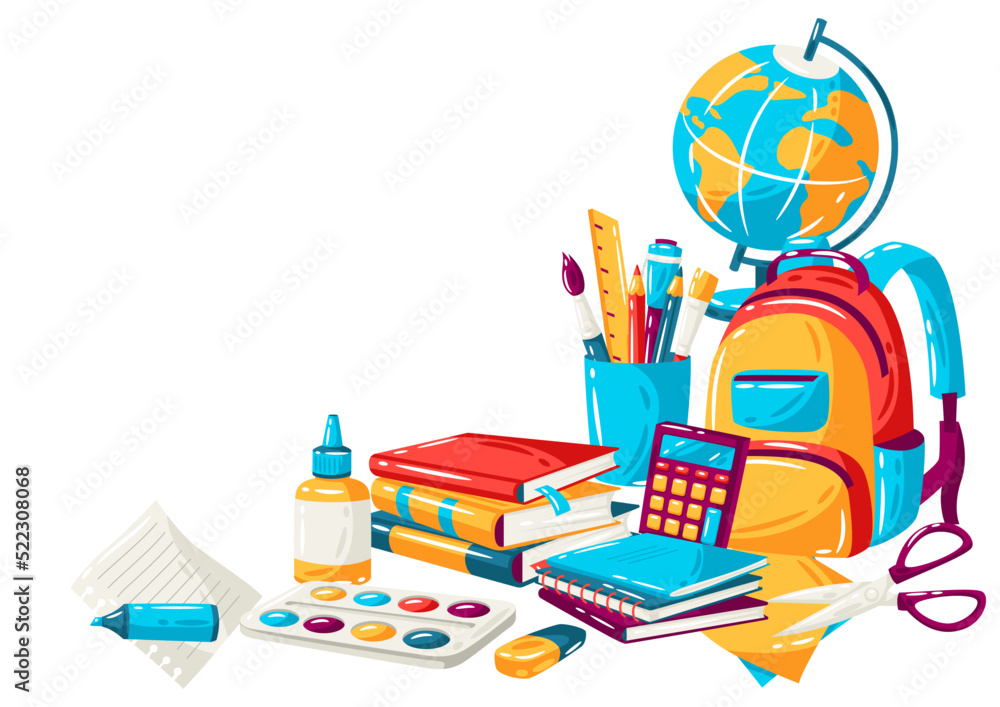 School background with education items. Illustration of supplies and stationery. School background with education items. Illustration of supplies and stationery.