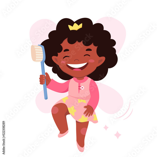 Happy tooth fairy vector illustration. Cartoon isolated little girl elf with crown on head, star ornament on skirt and pink wings holding toothbrush to brush healthy childrens teeth, oral hygiene